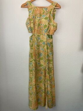 En Creme Boho Floral Retro Maxi Dress Cutout Sz Small Lime Green Mod